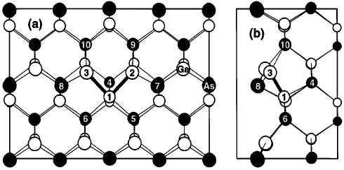 LUKU 4. Defektit 4.1. Vakanssit Kuva 4.1: Arseenivakanssin geometria a) päältä b) sivusta. Mustat pallot ovat arseeni- ja valkoiset galliumatomeita.