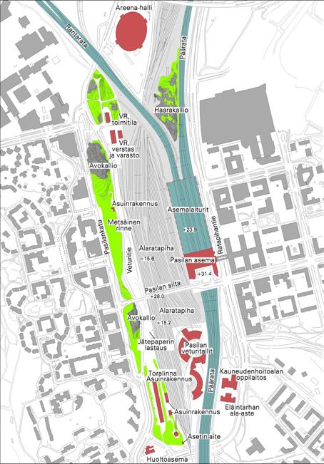 12. kaupunginosasta (Alppiharju). Suunnittelualue rajautuu Itäja Länsi-Pasiloiden korttelirakenteiden väliin.