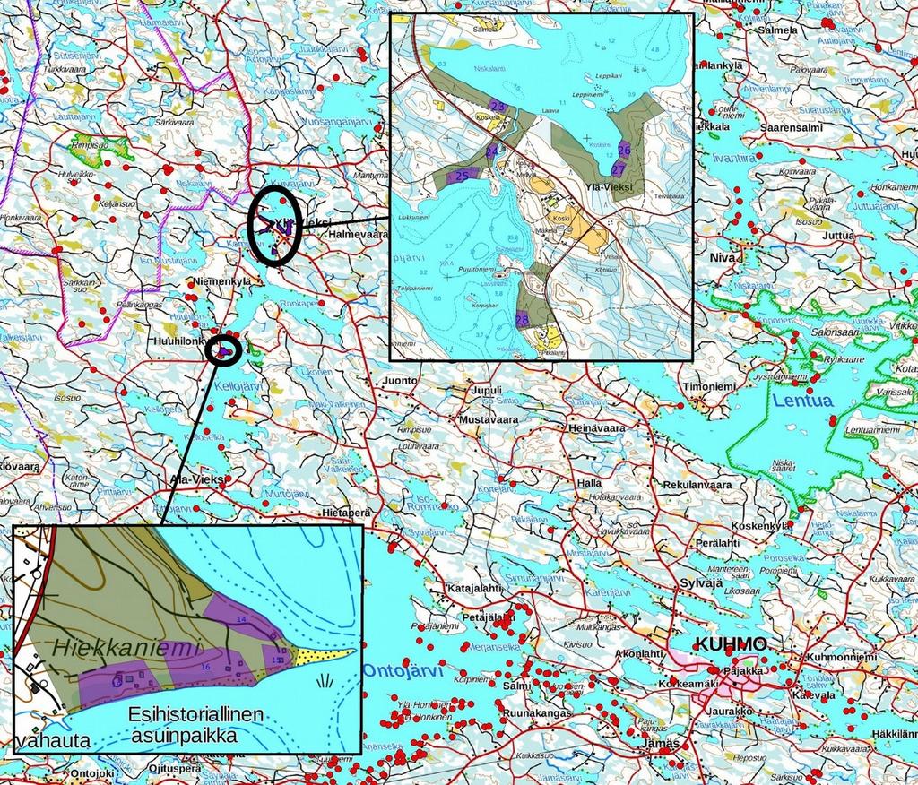 1 1. Perustiedot Inventointialue: Kellojärven-Korpijärven ranta-asemakaavan laajennus Yli-Vieksin kylässä Kuhmon keskustasta 30 32 km luoteeseen ja Kellojärven Hiekkaniemi Huuhilonkylässä Kuhmon