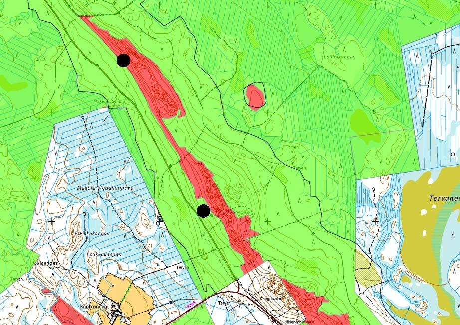 Kuva 2. Pääasialliset kartoituskohteet Pitkäkankaalla.