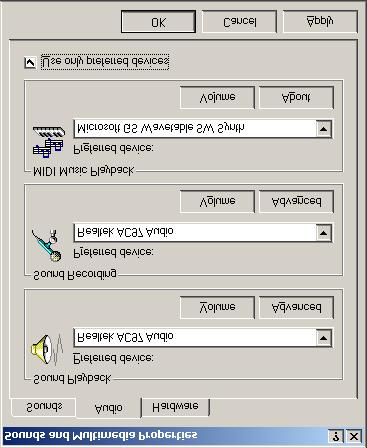 Windows XP-käyttäjät Napsauta Lisäasetukset avataksesi valintaikkunan Ominaisuudet: Äänet ja äänilaitteet. Valitse kohdasta Äänen toisto haluamasi äänentoistolaite.