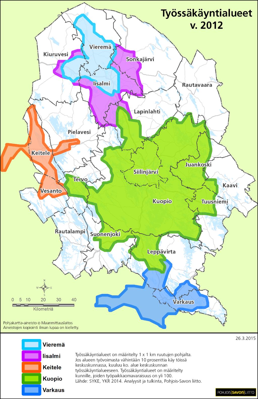 Pohjois-Savon työssäkäyntialueet Määritelty kunnille, joiden työpaikkaomavaraisuus on yli 100. YKR-tiedot jaettu 1 x 1 km:n ruutuihin. Kun em.