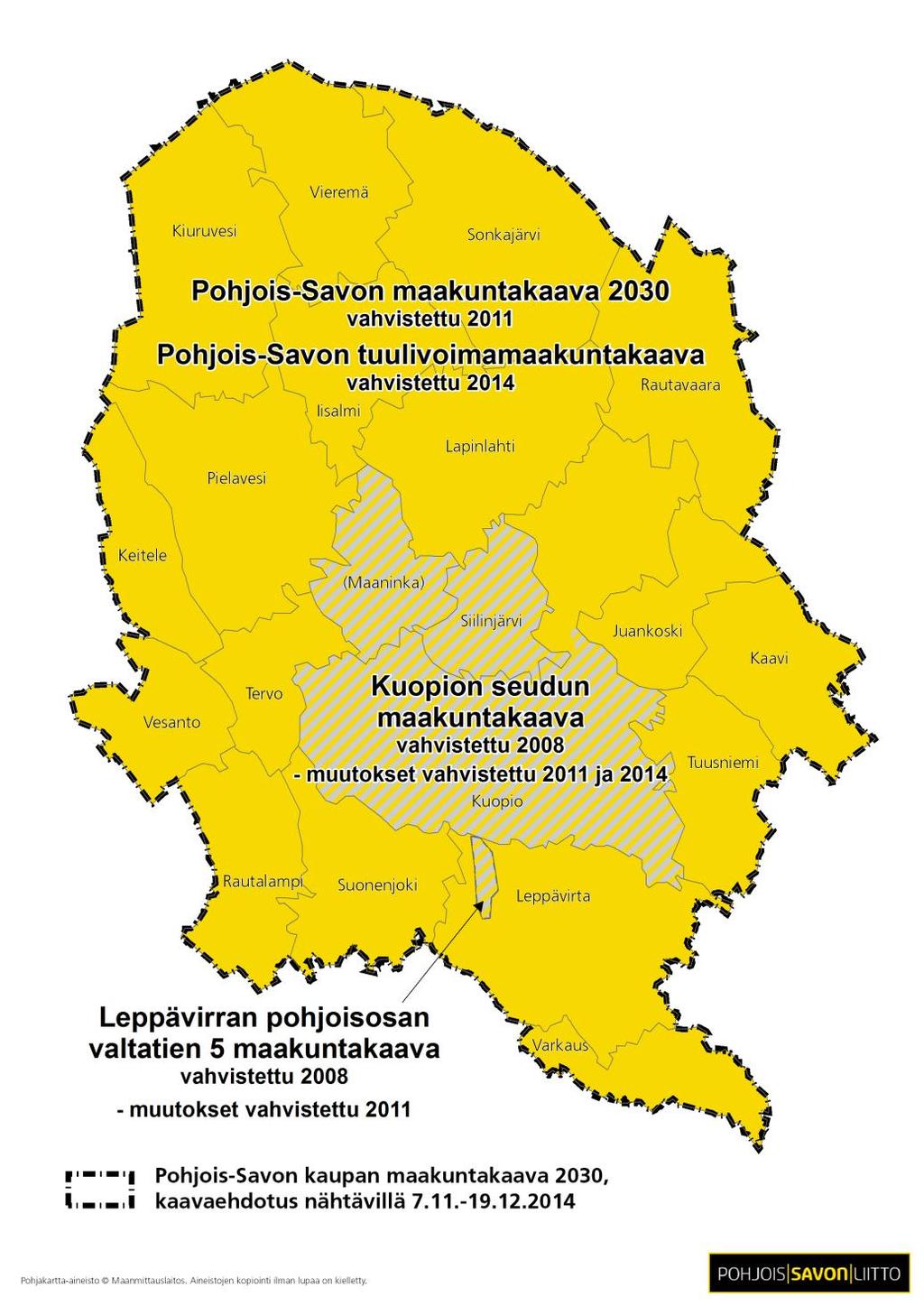 Maakuntakaavoitustilanne Vahvistetut maakuntakaavat Kuopion seudun maakuntakaava Vahvistettu 2008 Leppävirran pohjoisosan valtatien 5 maakuntakaava Vahvistettu 2008 Pohjois-Savon maakuntakaava 2030
