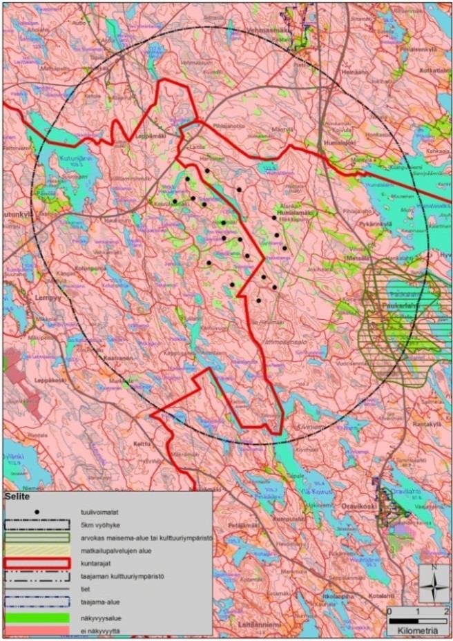 Maisemalliset vaikutukset Voimalat sijoittuvat korkeudeltaan vaihtelevaan metsäiseen mäkimaastoon laajalle selännealueelle, joka on pienten järvien, lampien ja suoalueiden pirstomaa.