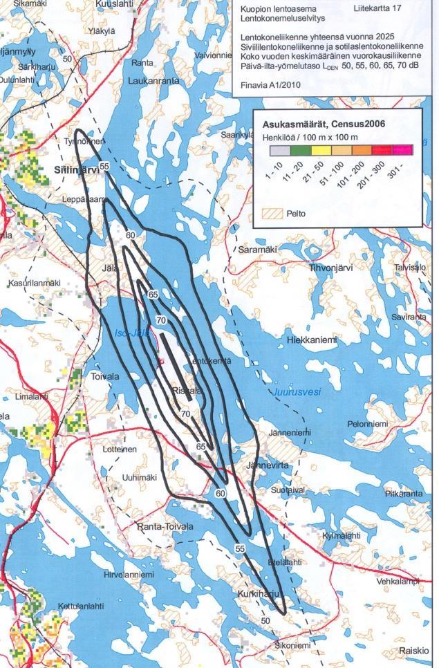 67 Siviililentotoiminnan melualue on konekaluston muutoksen johdosta pienempi kuin v. 1999 laaditussa ennusteessa arvioitiin. Sotilasilmailusta johtuen v.