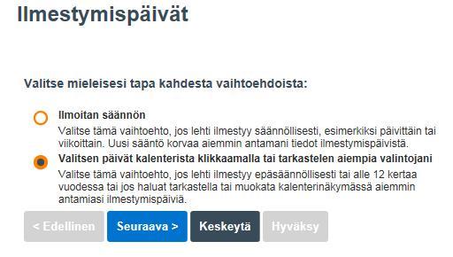 Ilmestymispäivien ilmoittaminen ) Klikkaamalla Ilmoita ilmestymispäivät linkkiä pääset ilmoittamaan päivät.