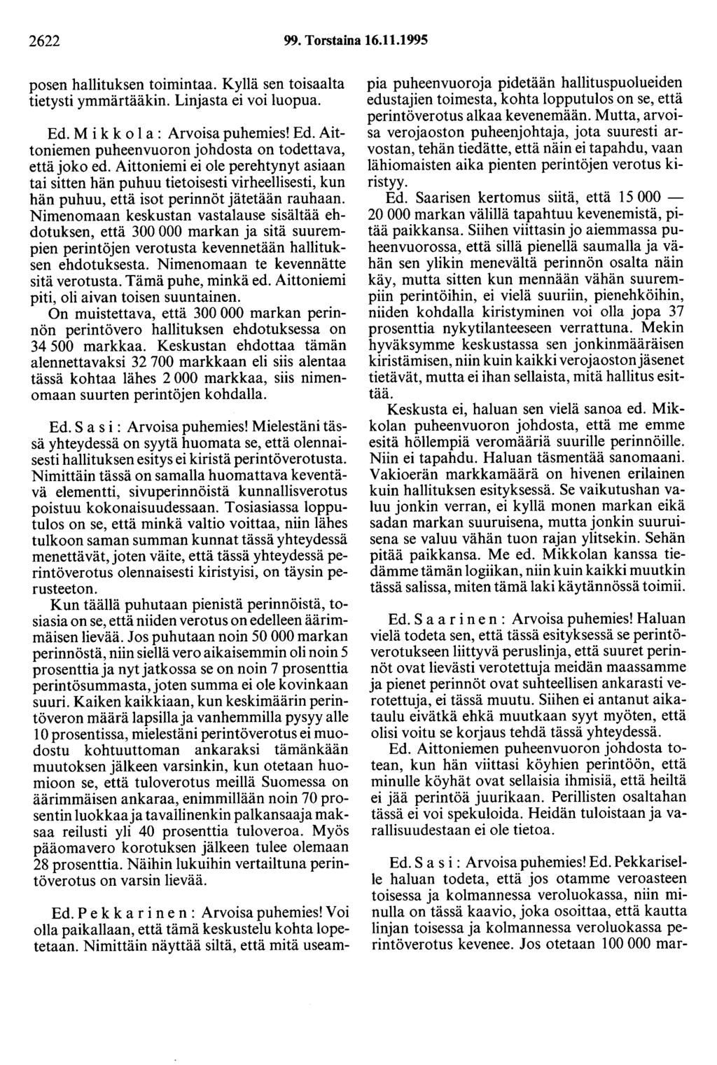 2622 99. Torstaina 16.11.1995 posen hallituksen toimintaa. Kyllä sen toisaalta tietysti ymmärtääkin. Linjasta ei voi luopua. Ed. M i k k o 1 a : Arvoisa puhemies! Ed. Aittoniemen puheenvuoron johdosta on todettava, että joko ed.