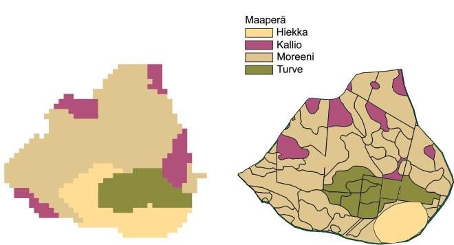 Kuva 4. Teeressuon valuma-alueen maaperä perustuen 1:20 000 maaperäkarttaan (vasemmalla) ja paikalla tehtyyn maaperäkartoitukseen (oikealla). valuntaan (Taulukko 2).