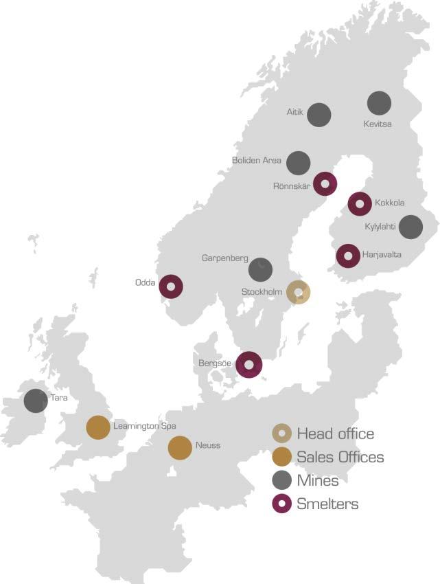 Bolidenin toimipaikat Tuotantolaitoksia Ruotsissa, Suomessa, Norjassa ja Irlannissa Kuusi kaivosaluetta Tara (sinkki ja lyijy) Garpenberg (sinkki, hopea, lyijy, kulta ja kupari) Bolidenin alue