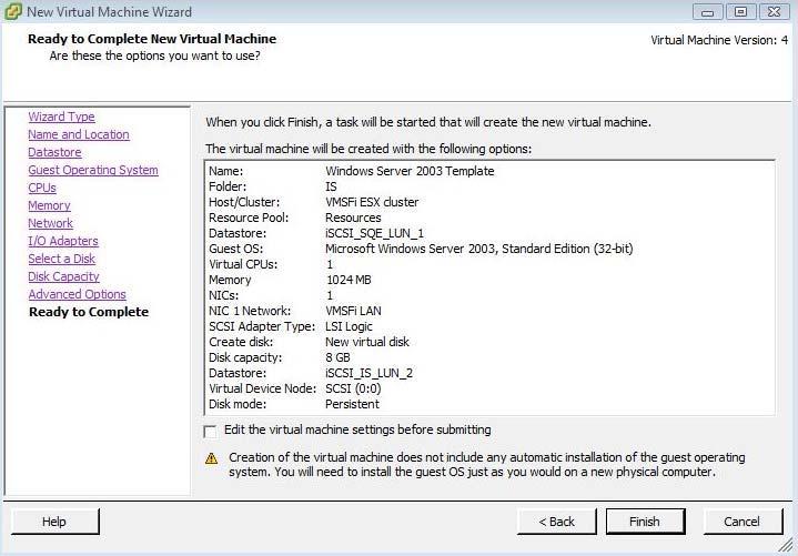 32 Kuva 21. Luodun mallikonepohjan yhteenveto. Mallikoneeseen asennettiin käyttöjärjestelmäksi Windows Server 2003 Standard Edition 1CPU.