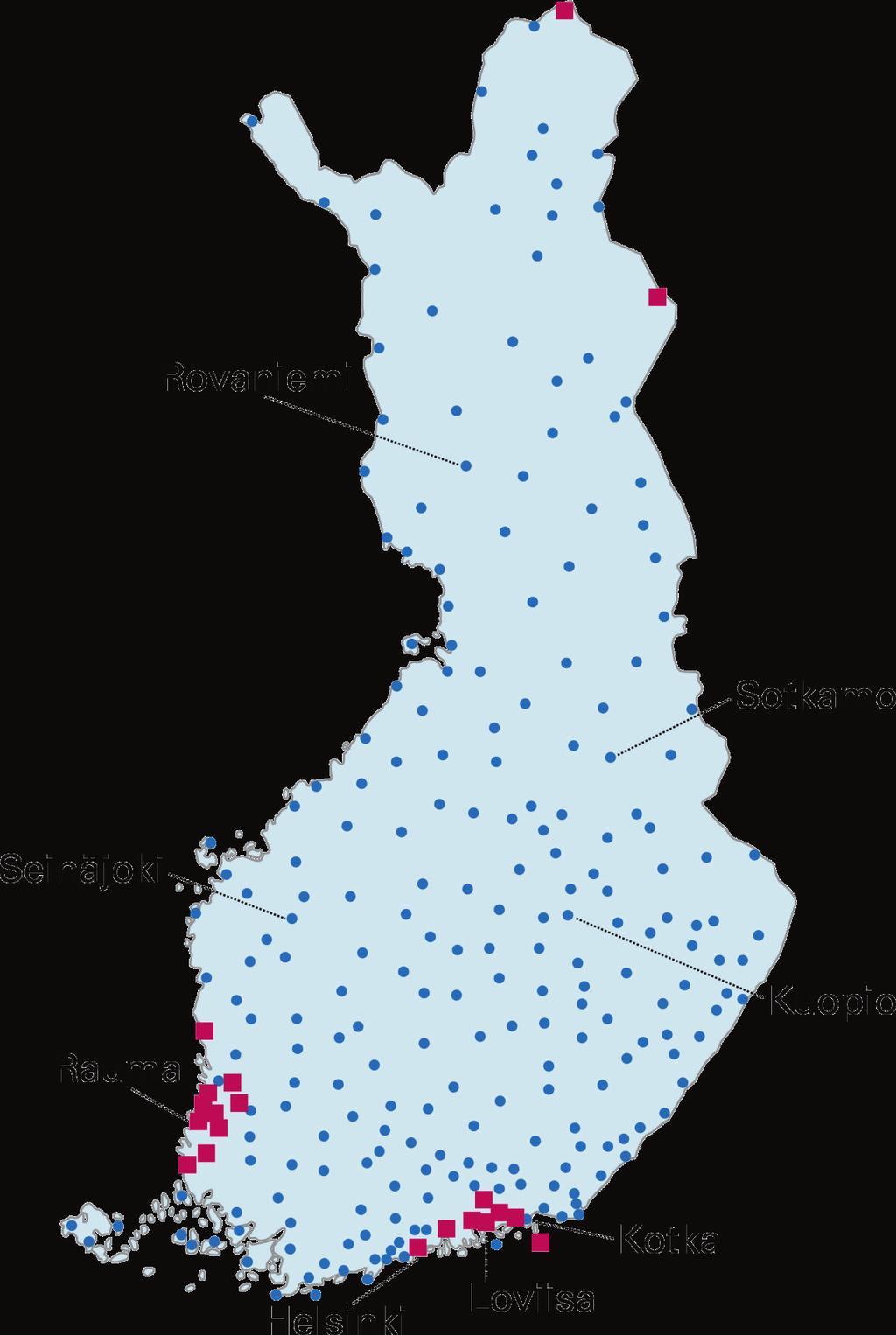 Kuva 2.1. Ulkoisen säteilyn valvontaverkon automaattiset mittausasemat. Punaiset neliösymbolit kuvaavat asemia, joilla on GM-anturin lisäksi LaBr 3 -spektrometri.