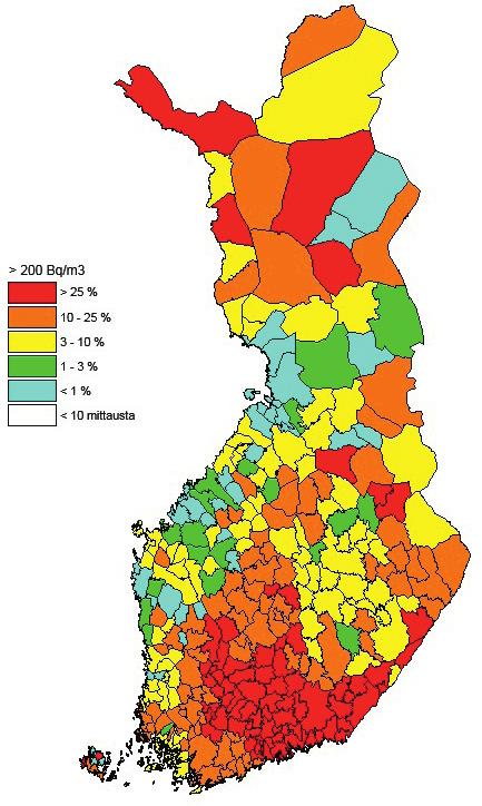 Kuva 13.1. Uusille rakennuksille asetetun suunnittelu- ja rakentamisen radonpitoisuuden enimmäisarvon 200 Bq/m 3 ylitysten osuudet kunnittain pientaloissa STUKin kansallisen radontietokannan mukaan.