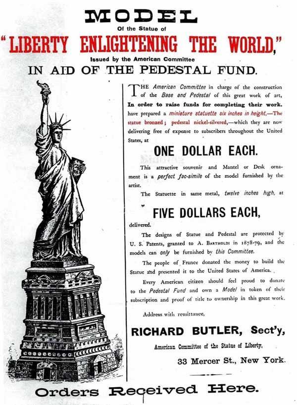 13 Kuva 1: Ilmoitus Vapaudenpatsaan rahoittamisesta (Kickstarter Before Kickstarter 2013) Kansalaisten ja Bartholdin panos ei kuitenkaan yksistään riittänyt tarvittavan rahasumman keräämiseksi.