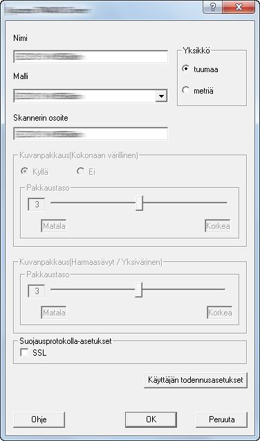 Esiin tulee TWAIN-ajurinäyttö. Valitse Windows 7 -käyttöjärjestelmässä Windowsin [Käynnistä], [Kaikki ohjelmat], [Kyocera] ja sitten [TWAIN Driver Setting].