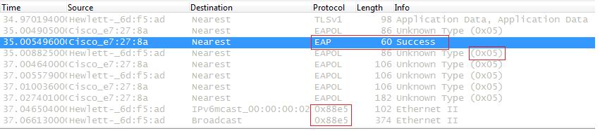 103 Kuvio 76. Viimeiset EAPOL-viestit ennen salausta Paketeista voidaan havaita, että EAP-Success-viestin jälkeen lähetetään useampi EAPOL-paketti, jonka tyyppinä on arvo 5.