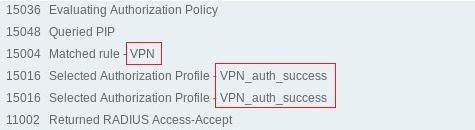 ISE osasi yhdistää autentikoinnin oikeaan sääntöön VPN ja palautti valtuutusprofiilin VPN_auth_success (Kuviossa punaisella).