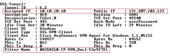 112 Kuviossa 92 on esitetty kyseisen komennon tulosteesta SSL-tunnelia, koskeva osa. Kuvio 92. DACL ASA:lla Kuviosta voidaan havaita mm. VPN-laitteelle määrätty IP-osoite (10.