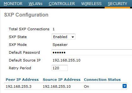 71 Security -> TrustSec SXP Kuviossa 44 on esitetty kuvakaappaus kyseisistä asetuksista Kuvio 44. WLC SXP konfigurointi Asetuksiin määritellään mm.