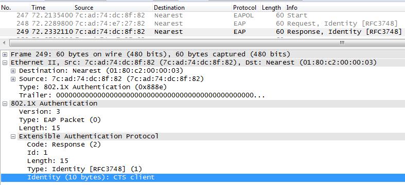 88 Kuvio 57. Ensimmäiset EAP-viestit Kuvion avatusta EAP-Response Identity -paketista voidaan havaita kytkimen C3750X-stack lähettämä identiteettityyppi.