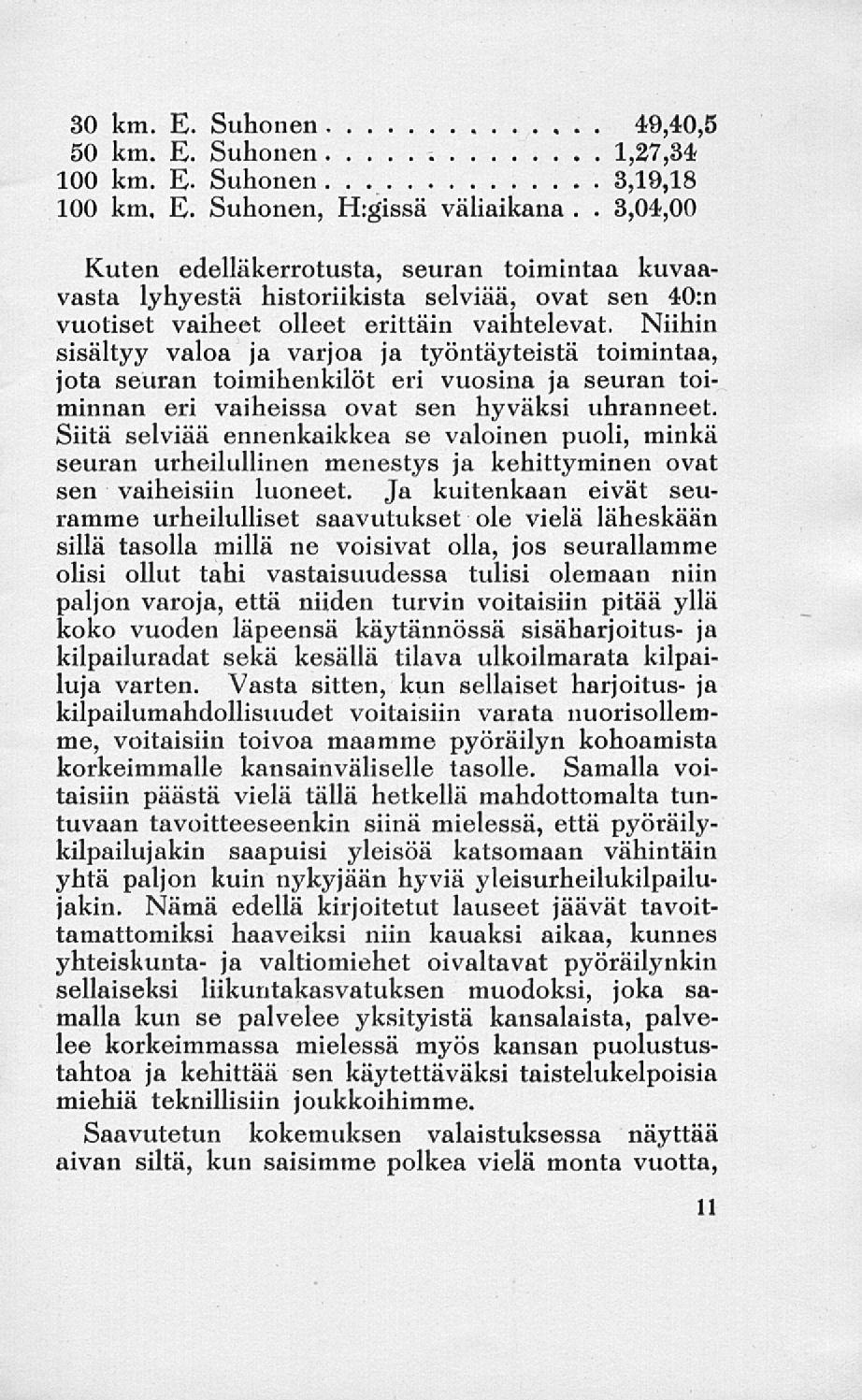 30 km. E. Suhonen 49,40,5 50 km. E. Suhonen 1,27,34 100 km. E. Suhonen 3,19,18 100 km. E. Suhonen, H:gissä väliaikana.