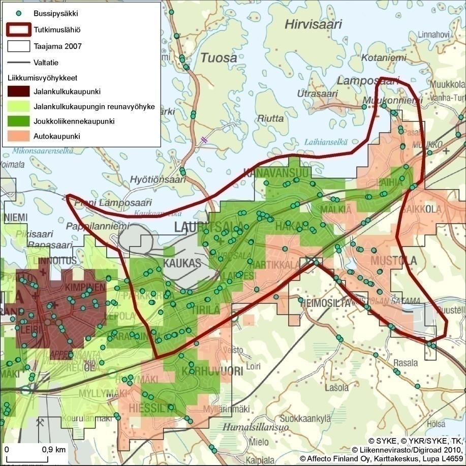 Bussipysäkit ja työpaikat Kohdealueella enintään 250 m etäisyydellä bussipysäkistä asuva ja enintään 250 m 3233 etäisyydellä kohdealueen