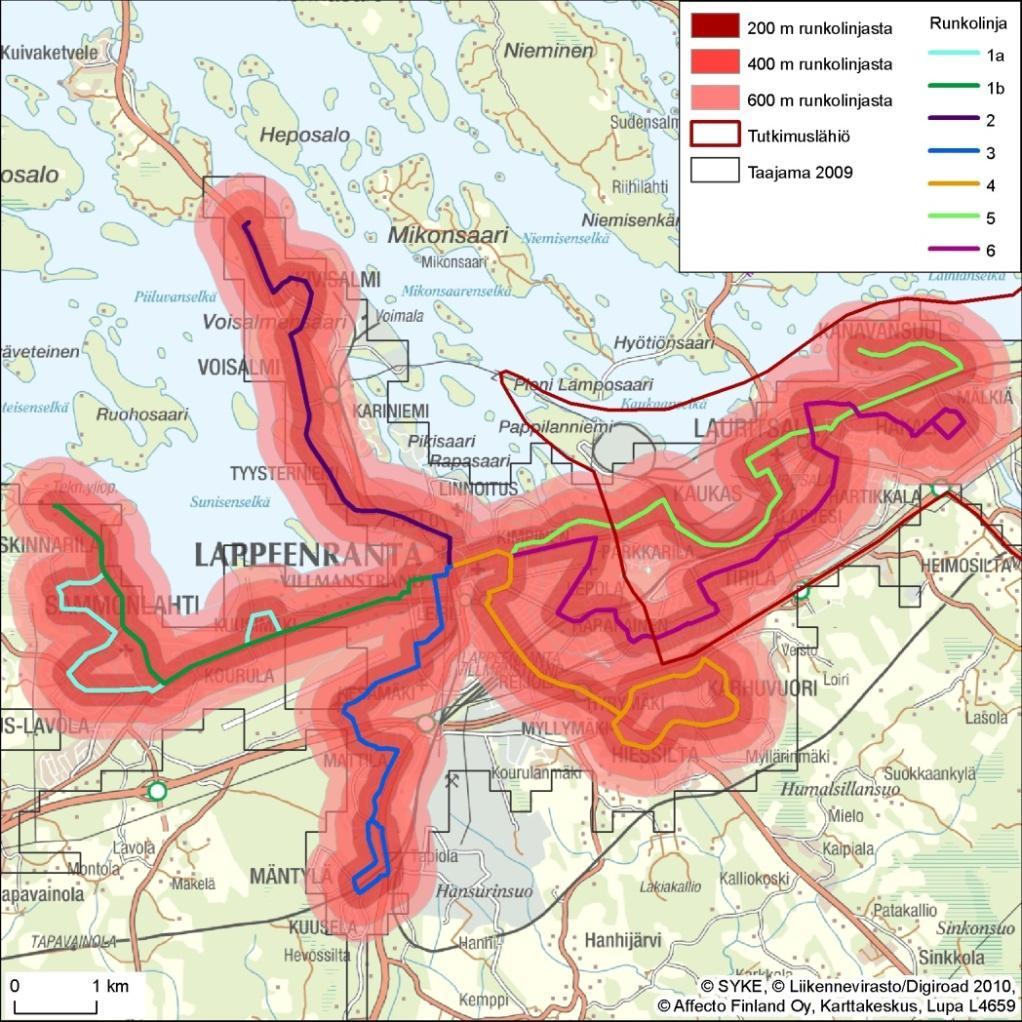 Runkolinja Bussilinjojen runkoreitit Lappeenrannan bussirunkolinjojen läheisyydessä asuva väestö vuonna 2009 1a 1b 2 3 4 5 600 m 400 m 200 m 6 0 5000 10000 15000 20000 Asukasmäärä Reitti 1a kulkee