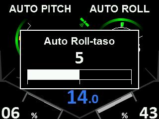 8.3 AUTO ROLL -TASO Auto roll -ohjauksen ollessa aktiivinen sen herkkyyttä voi säätää tasoilla 1 10. Nosta tai laske roll-tasoa riippuen meri- ja kuormaolosuhteista. 1. Nosta roll-tasoa kääntämällä roll-pyörää myötäpäivään.