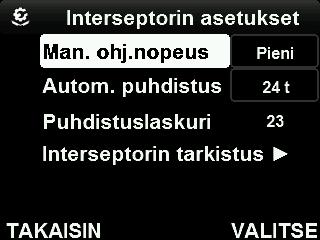 9 INTERSEPTORIN ASETUKSET 9.1 MANUAALINEN OHJAUSNOPEUS Ohjauspyörien kääntönopeuden ja interseptorien toimintanopeuden välinen suhde voidaan säätää hitaasta nopeaksi manuaalisessa ohjaustilassa.