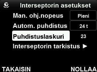 Valitse Interseptorin asetukset ja paina VALITSE. 3. Valitse Manuaalinen ohj.nopeus ja säädä nopeus painamalla VALITSE. 9.