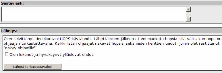 Lähetä tarkastettavaksi linkistä avautuu näyttö, jolta HOPSin voi lähettää ohjaajalle tarkastettavaksi ja hyväksyttäväksi.