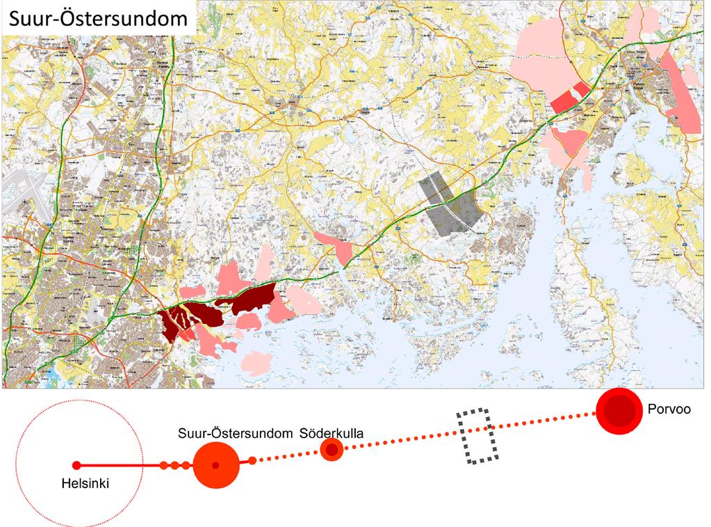 Sibbesborg eli Suur-Söderkullavaihtoehdossa kaupunkirakenteella on kolme selvää keskusta ja kasvupistettä: Östersundom, Söderkulla ja Porvoo.