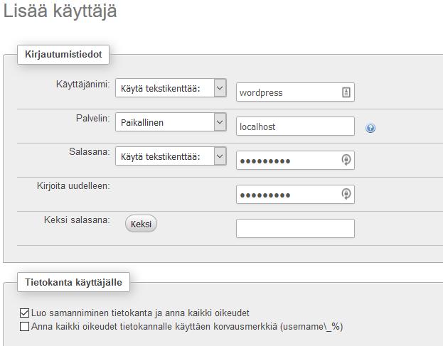 Napsauta sitten linkkiä Lisää käyttäjä. Sitten suosittelen seuraavia asetuksia.