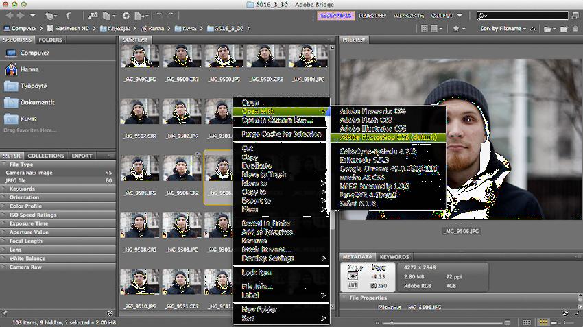 Liite 1 17 Raw- kuvan käsittelyä varten tarvitaan Photoshopin mukana asentuva Adobe Camera Raw ohjelma, joka avaa automaattisesti raw- kuvalle erillisen ikkunan, jossa kuvaa voi säätää häviöttömästi.