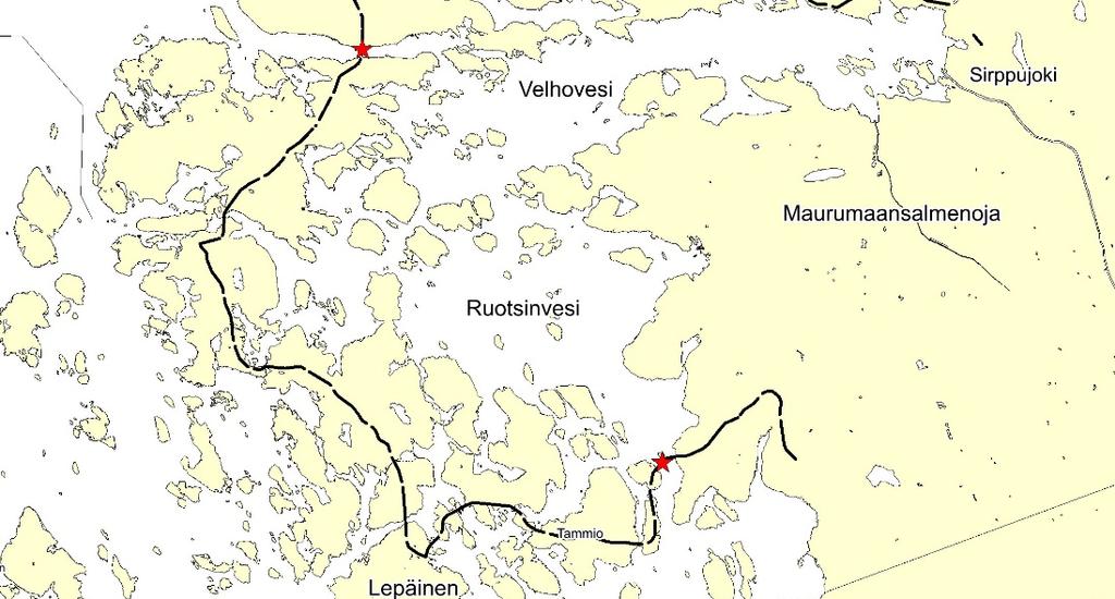 Kuva 1. Yleiskartta Uudenkaupungin edustan merialueesta, kuormituspisteiden (jäteveden purkuputket, kalankasvattamo ja jätekipsikasa) sijainti sekä pengertiet (musta katkoviiva). 3.