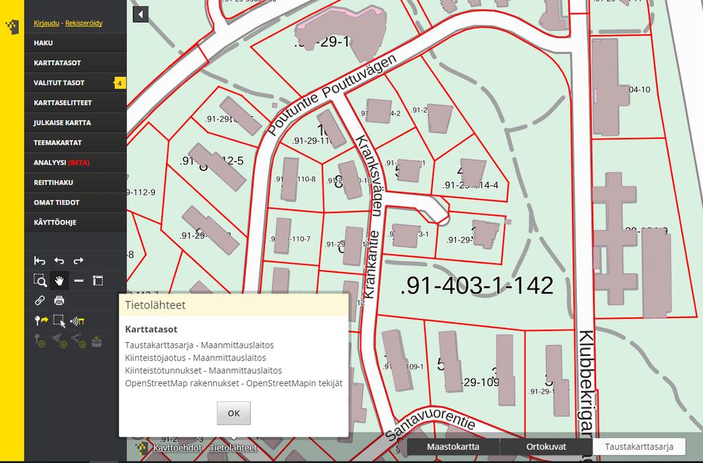 9 Kuva 4. Paikkatietoikkunan karttaikkuna, johon on valittu MML:n taustakartta sekä kiinteistörajat ja -tunnukset sekä ja OpenStreetMapin rakennukset [10].