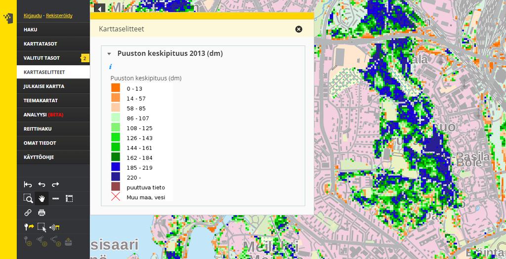 10 Kuva 5. Luonnonvarakeskuksen puuston keskipituustiedot vuodelta 2013 Paikkatietoikkunassa [10]. Kuva 6. SYKE:n tuottamat Espoon Pitkäjärven syvyystiedot Paikkatietoikkunassa [10].