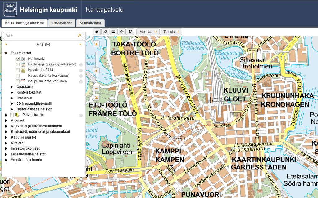 karttapalvelussa (kuva 11) julkaistaan sekä kaupungin eri