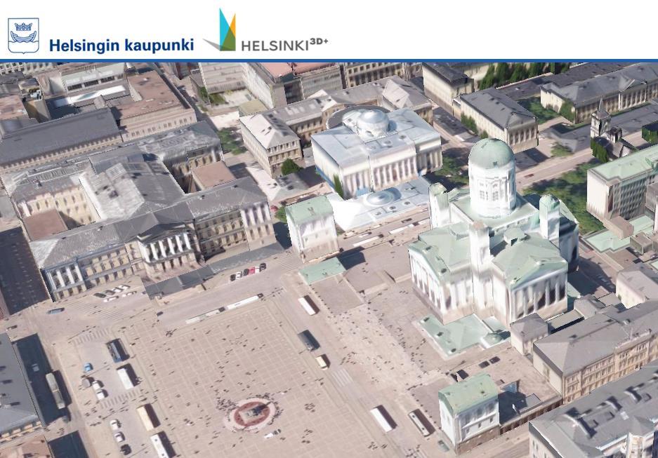 17 Kuva 16. Helsingin tietomallin katselupalvelu [14]. 3D-kolmioverkkomalli (kuva 17) on tuotettu tietokonelaskennan avulla ilmakuvista. Kolmioverkkomalli on ikään kuin kevyempi versio tietomallista.
