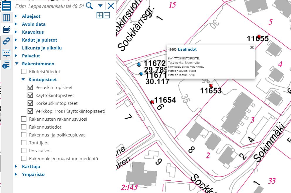 19 Espoon karttapalvelussa taustakartaksi on valittavissa joko opaskartta, osoitekartta, ilmakuva tai asemakaava. Aineistot on jaoteltu kategorioihin.