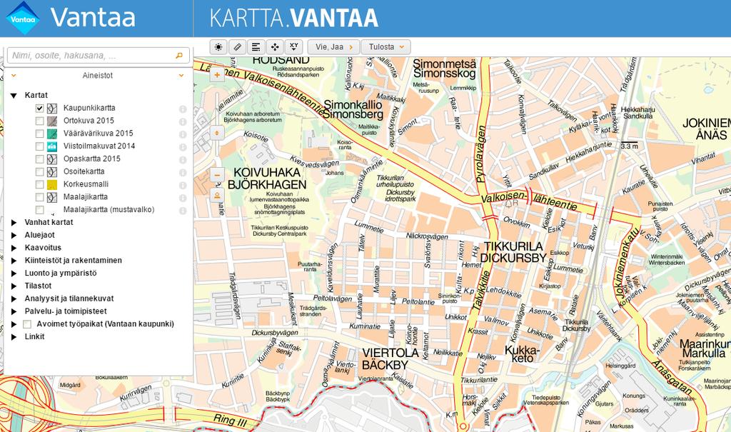 20 3.2.3.3 Vantaa Myös Vantaan karttapalvelusta (kuva 20) saadaan esille tyypilliset kaupungin tuottamat tiedot kiintopisteistä, kaavoitustiedoista, rakennuksista ja kiinteistöistä.