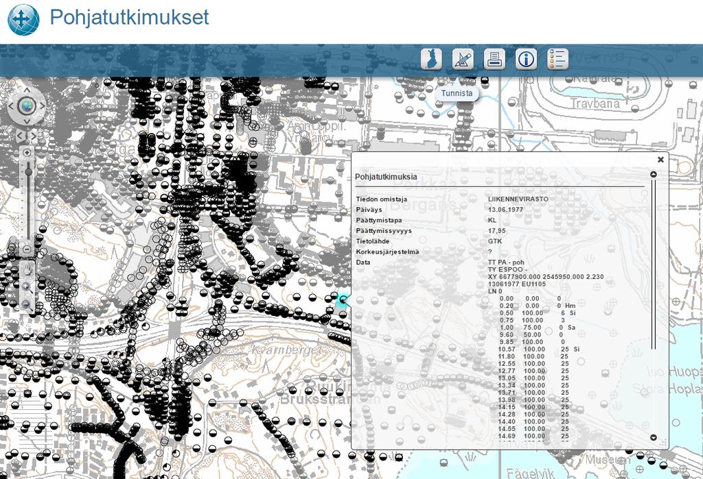 23 Pohjatutkimukset-verkkopalvelu (kuva 24) taas on GTK:n ja Liikenneviraston yhteistyössä kehittämä palvelu, joka tarjoaa käyttäjälle mahdollisuuden katsella ja ladata maksutta pohjatutkimustietoja.
