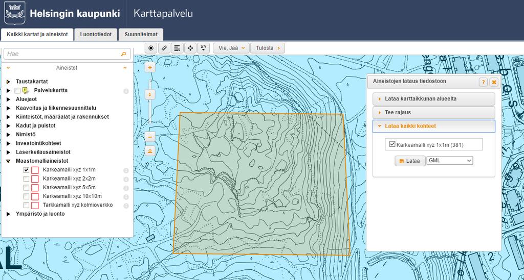 32 3.3.7 Helsingin kaupungin aineistot Helsingin kaupungilla on tarjolla laaja valikoima ladattavia paikkatietoaineistoja.