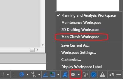 Jatkossa ohjeessa on käytössä Map Classic Workspace. Alla olevasta kuvasta näkyy, kuinka työpöytä vaihdetaan.