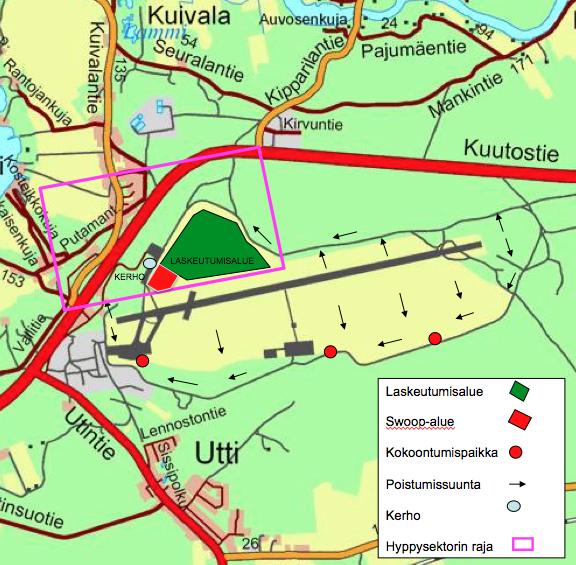 Hyppääjien on siirryttävä varjon varassa kiitotien pohjoispuolelle välittömästi, kun se on mahdollista.