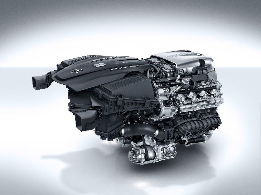 AMG GT V8, 90 asteen sylinterikulma NANONSLIDE -pinnoitetut sylinteriseinämät Polttonesteen suorasuihkutus, piezo-suuttimet Sodium-täytteiset venttiilien varret Kaksi turboahdinta sijoitettuna