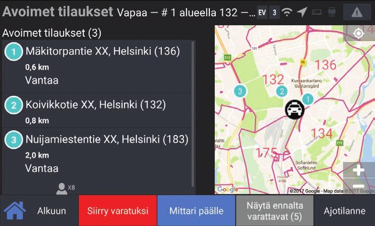 Avoimet tilaukset Jos johonkin tilaukseen ei löydy autoa osoitteen hakualueelta, tulee se tarjolle avoimiin tilauksiin. Sinua lähin tilaus näytetään ensimmäisenä.