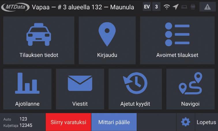 Aloitusnäyttö Painikkeet: [Tilauksen tiedot] näyttää hyväksymäsi tilauksen tiedot [Kirjaudu] näyttää kartan, jonka kautta voit kirjautua taksiasemille tai alueille [Avoimet tilaukset] näyttää