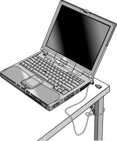 Peruskäyttö Tietokoneen suojaaminen Lukitusvaijerin kiinnittäminen Voit suojata tietokoneen asettamalla vaijerilukon tietokoneen lukkopaikkaan.