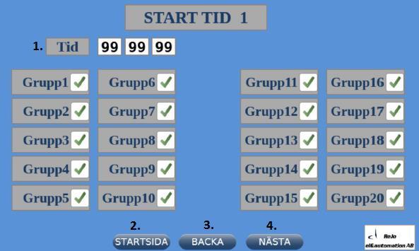 9(23) 7 ALOITUSAJAT 1. Aika 3. Takaisin 2. Aloitussivu 4. Seuraava Tälle sivulle pääsee aloitussivusta STARTTIDER-painikkeella.