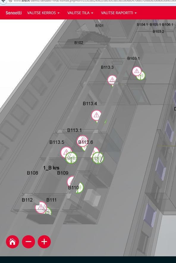 MEASUREMENT MODEL Based on BIM 3D spaces Integrates passive and active measured information Shows in 3D view Indoor quality and temperature Pressure relationships Structure humidity Lighting use